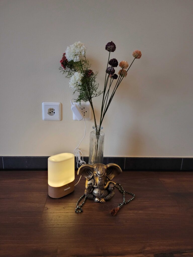 Diffuser, Vase mit Blumen, Elefant und eine Mala-Kette zeigen das Ambiente