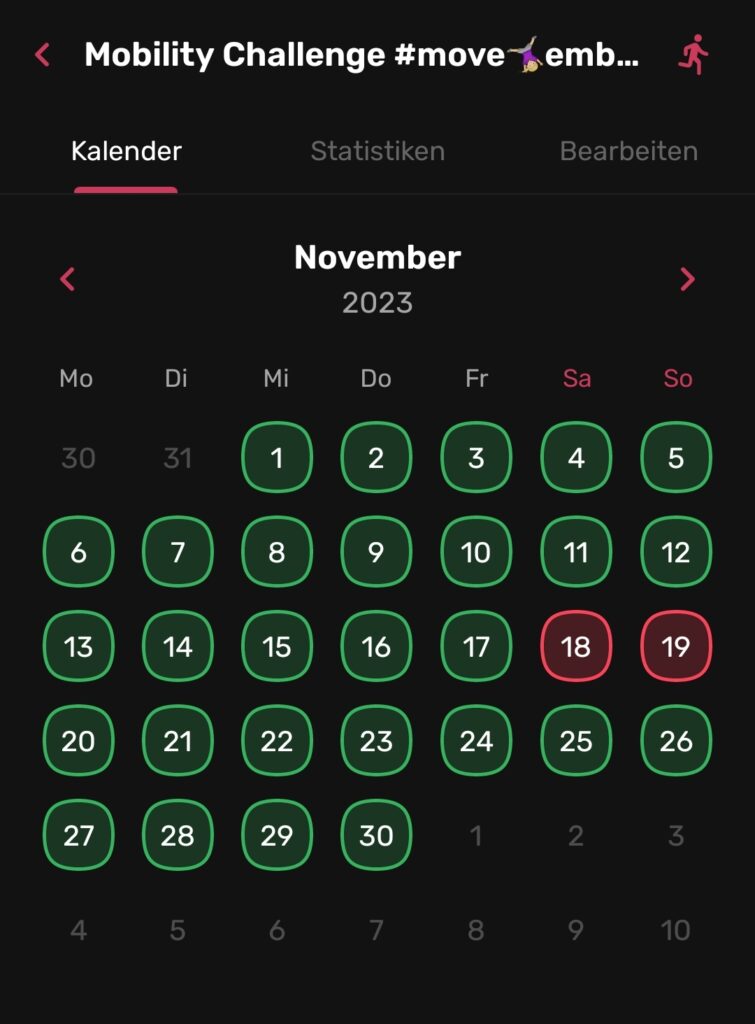 Printscreen aus einer Gewohnheits-App für den Monat November